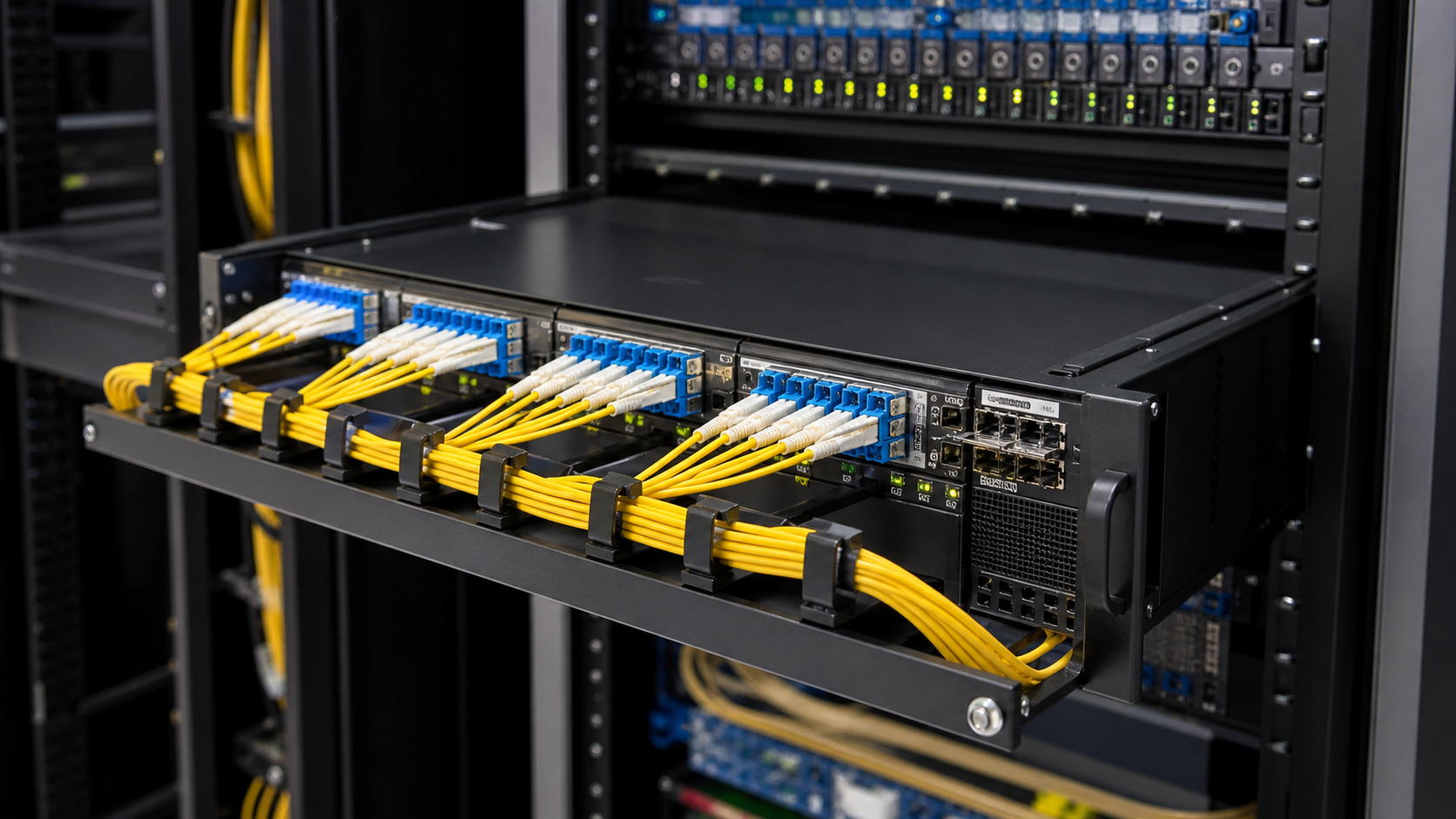Glasvezelswitch en glasvezellade in een zakelijke serverrack voor Fiber Pro